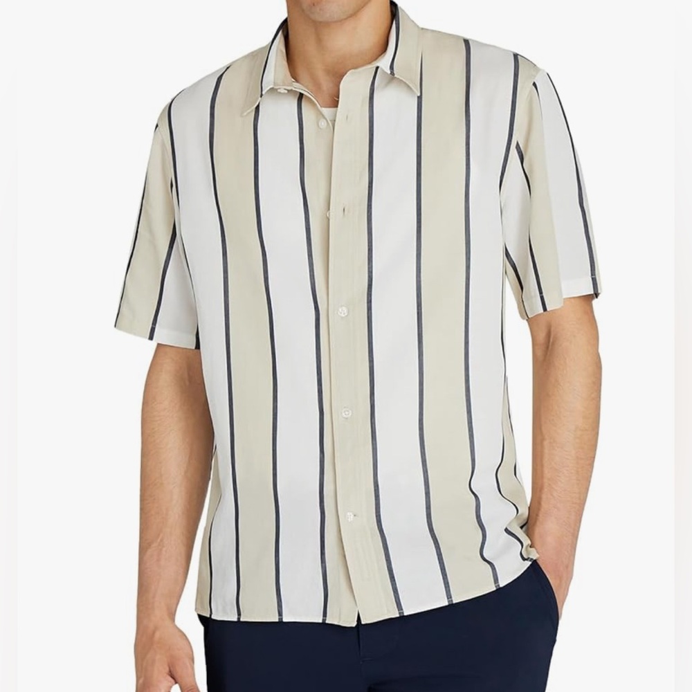 Club Monaco Beige and Black Striped Button Down Shirt